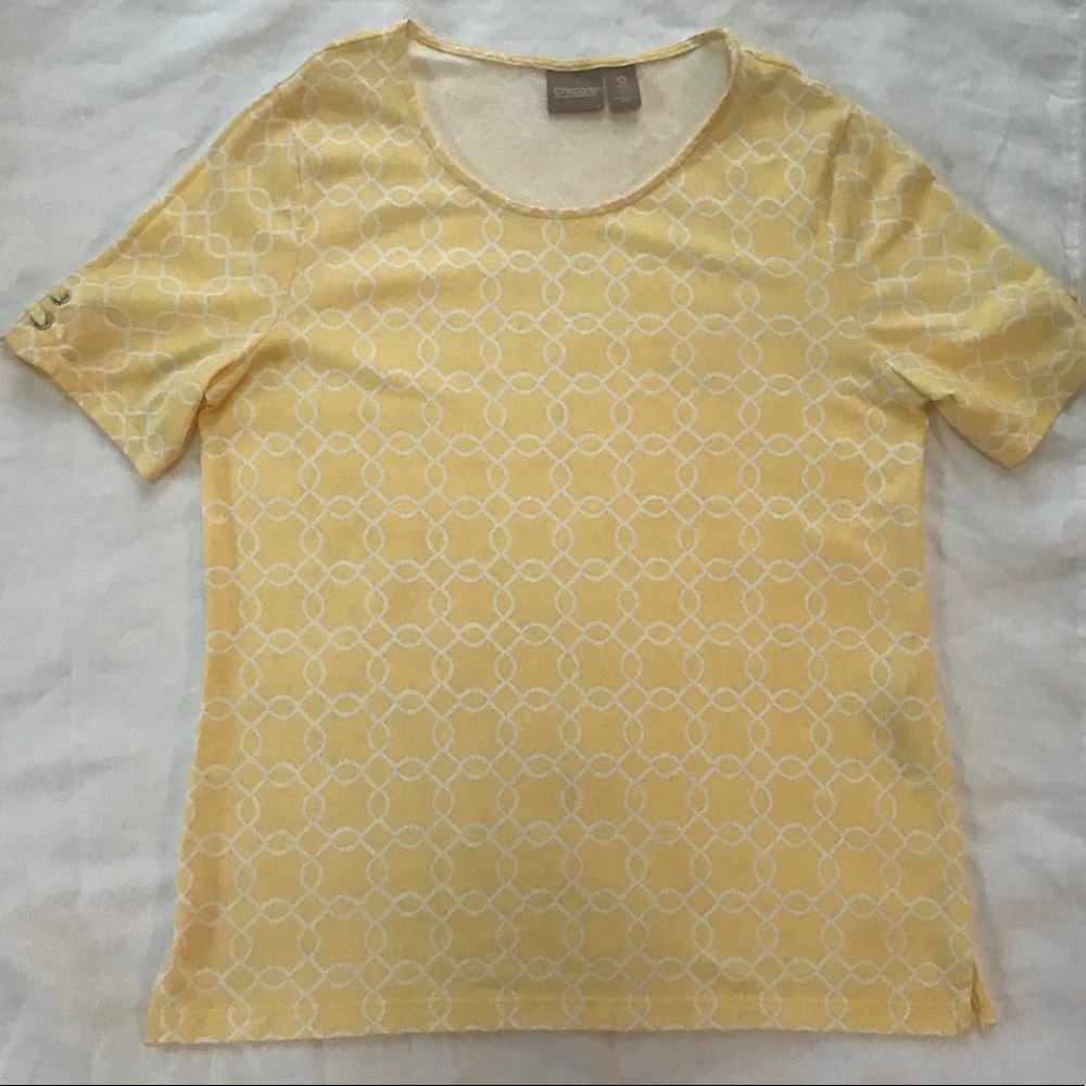 Chico’s T-shirt Lace Up Sleeves Yellow Geometric S